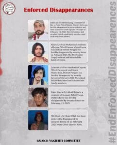 The Baloch Yakjehti Committee (BYC), a prominent human rights group, has reported several recent cases of enforced disappearances, allegedly carried out by "security forces and state-sponsored death squads" in Balochistan.