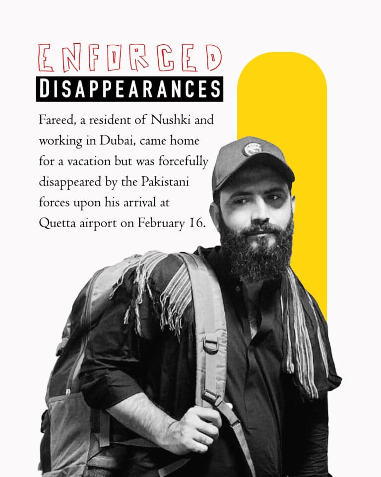 Baloch Man Allegedly Forcibly Disappeared by Pakistani Intelligence at Quetta Airport Fareed, a resident of Nushki and working in Dubai, came home for a vacation but was forcefully disappeared by the Pakistani forces upon his arrival at Quetta airport on February 16 - Photo: Asif Azim X (Twitter) -