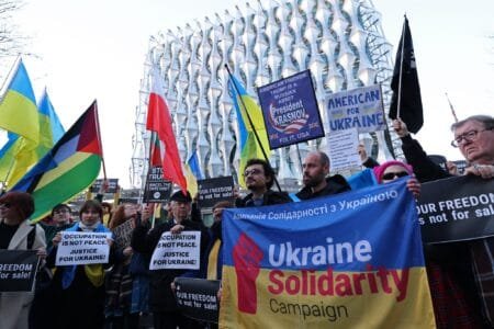 Aomar Karim participating in a protest outside the US Embassy in London in solidarity with Ukraine, while urging global attention to human rights violations in Balochistan.