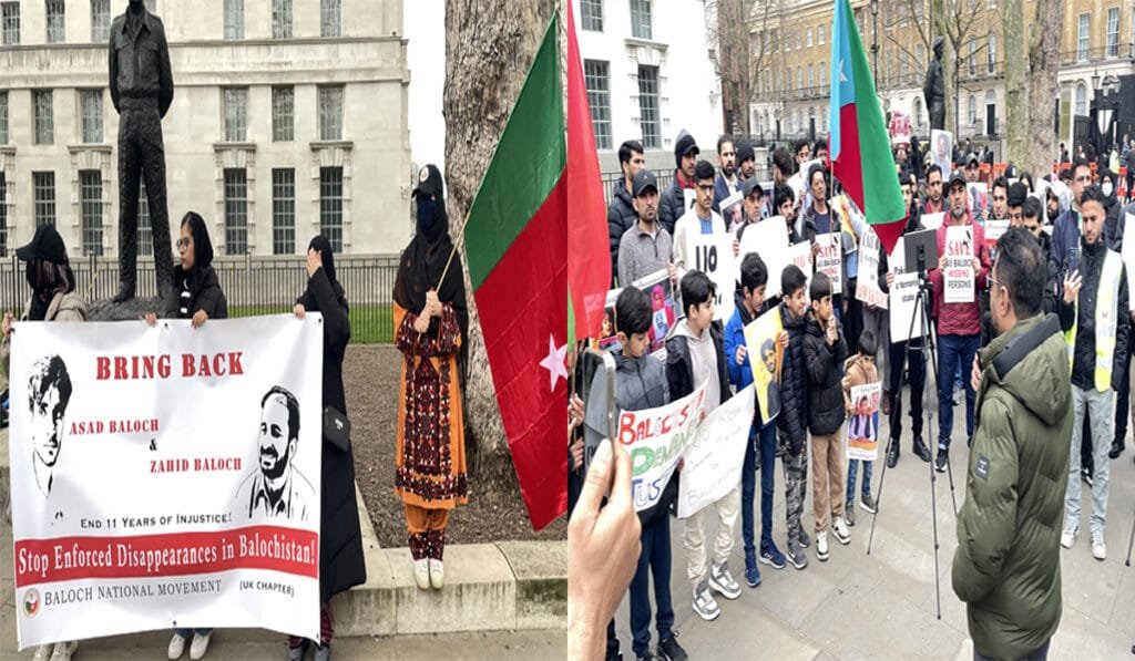 the Baloch National Movement (BNM) organised a protest outside 10 Downing Street, London, demanding justice for the victims of enforced disappearances in Balochistan, including Zahid Baloch, Asad Baloch, Dr. Mahrang Baloch, and other activists. The demonstration called for an end to state-sponsored violence and the release of all detained and disappeared Baloch individuals.