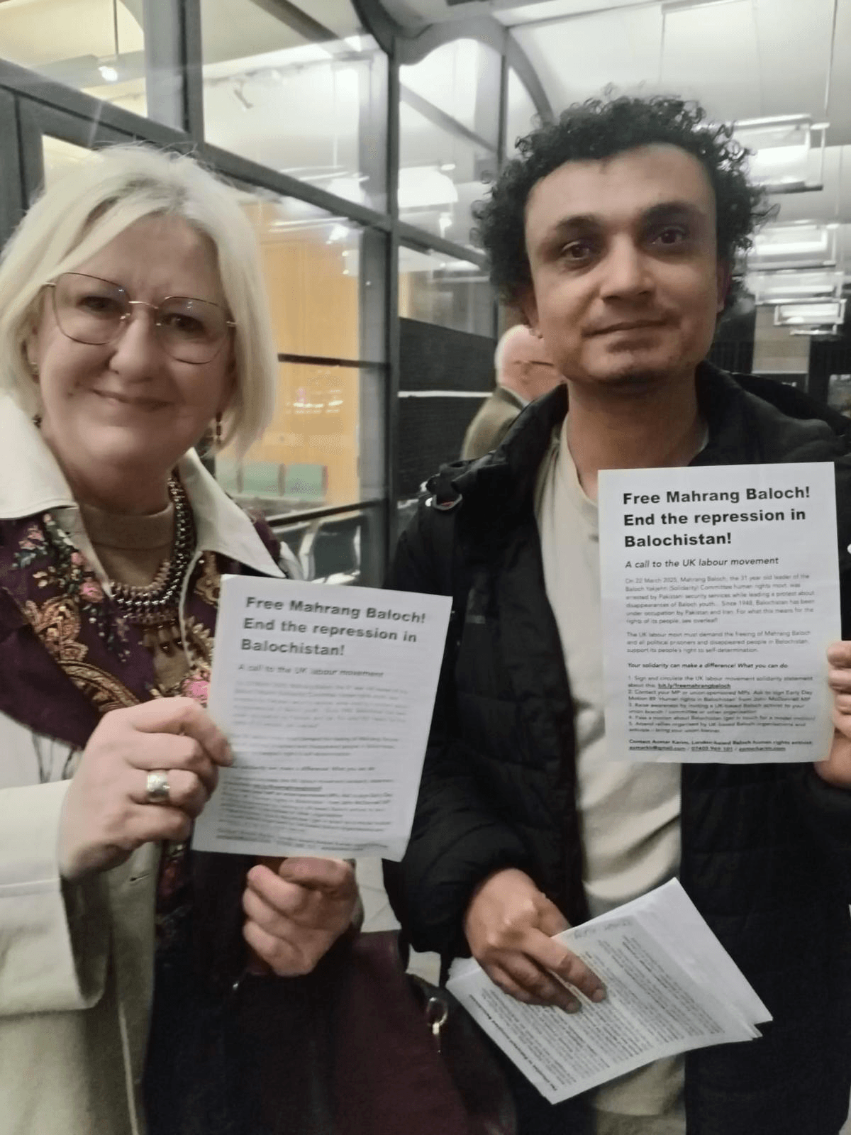 Alison Cameron at the UK Parliament event on Ukraine solidarity, sharing her support for Dr. Mahrang Baloch & Baloch activists.