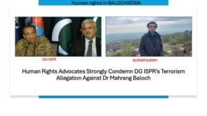 Split image showing DG ISPR speaking at a press conference on the left and human rights advocate Aomar Karim on the right.