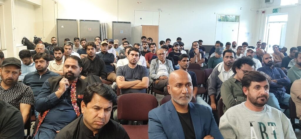 Participants and members of the public attending the London event commemorating Nawab Akbar Khan Bugti on 26 August 2026.