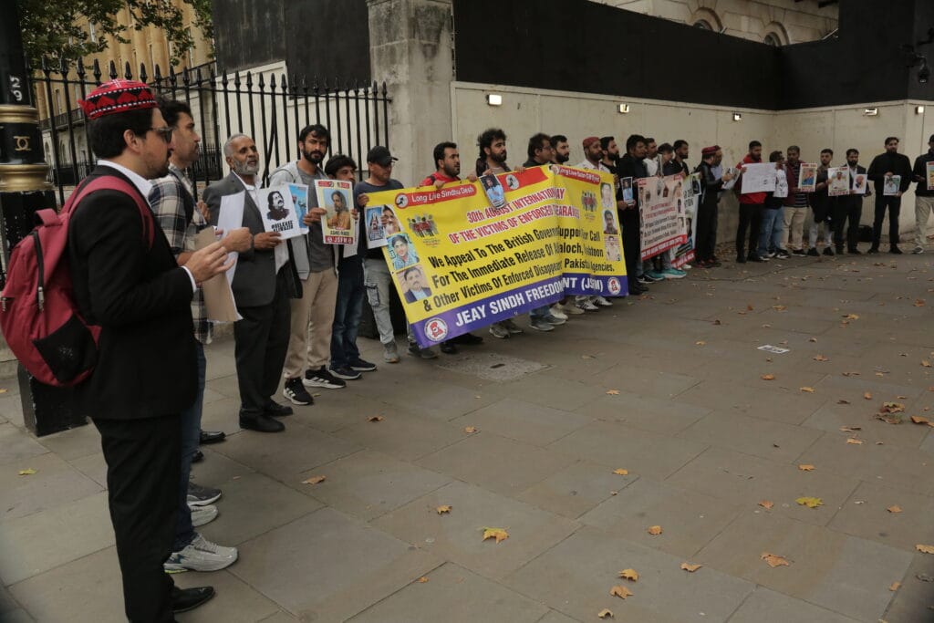 Activists from Sindh, Balochistan, Pashtoon regions and POJK gathered outside 10 Downing Street to mark the International Day of the Victims of Enforced Disappearances, London, 30 August 2025_2436