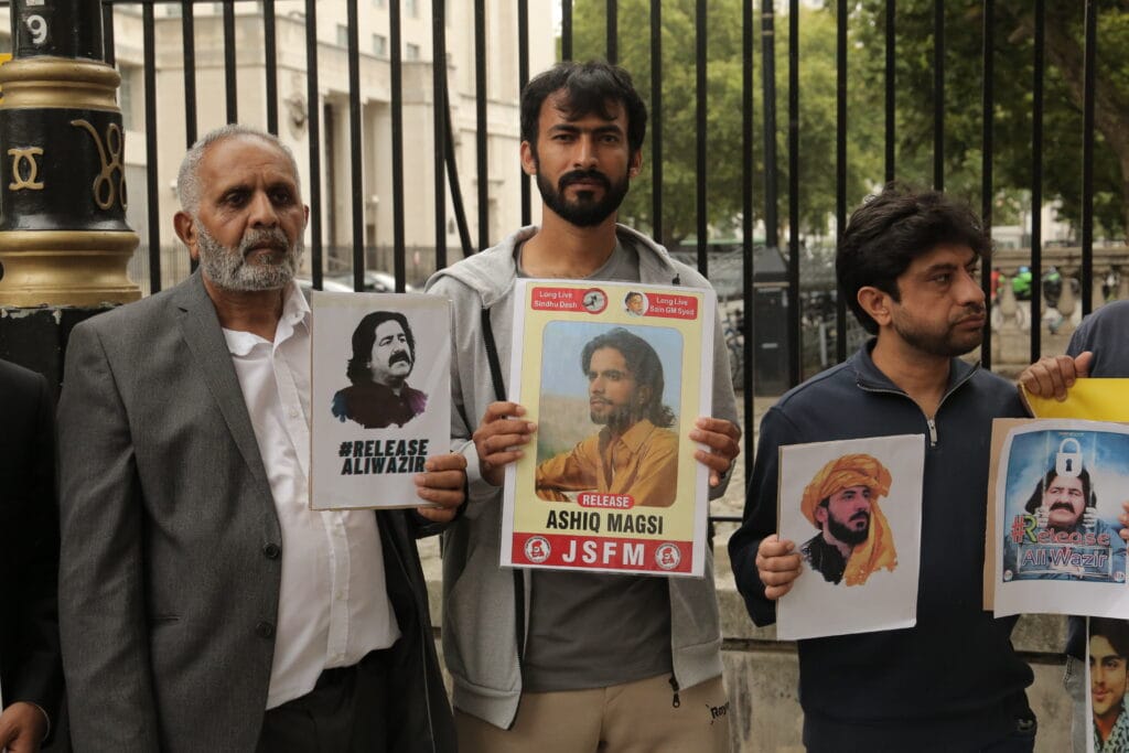 Activists from Sindh, Balochistan, Pashtoon regions and POJK gathered outside 10 Downing Street to mark the International Day of the Victims of Enforced Disappearances, London, 30 August 2025.