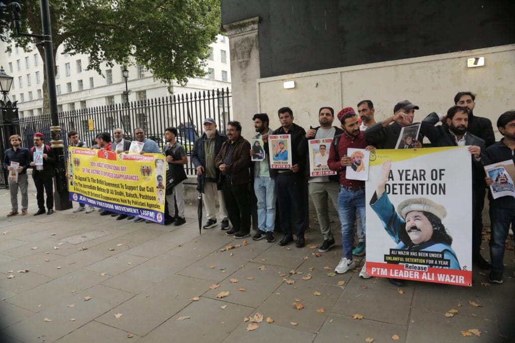 Activists from Sindh, Balochistan, Pashtoon regions and POJK gathered outside 10 Downing Street to mark the International Day of the Victims of Enforced Disappearances, London, 30 August 2025.