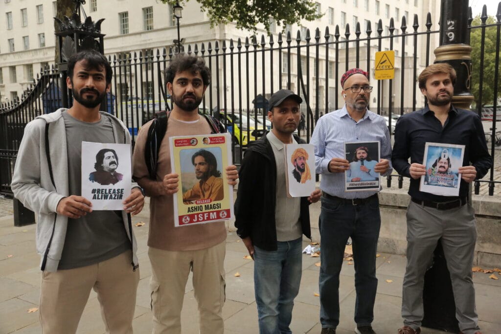 Activists from Sindh, Balochistan, Pashtoon regions and POJK gathered outside 10 Downing Street to mark the International Day of the Victims of Enforced Disappearances, London, 30 August 2025.