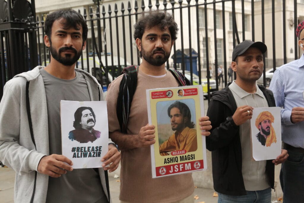 Activists from Sindh, Balochistan, Pashtoon regions and POJK gathered outside 10 Downing Street to mark the International Day of the Victims of Enforced Disappearances, London, 30 August 2025.