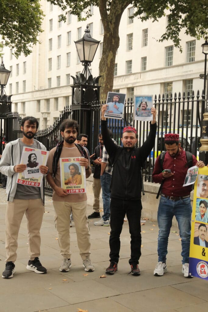 Activists from Sindh, Balochistan, Pashtoon regions and POJK gathered outside 10 Downing Street to mark the International Day of the Victims of Enforced Disappearances, London, 30 August 2025.