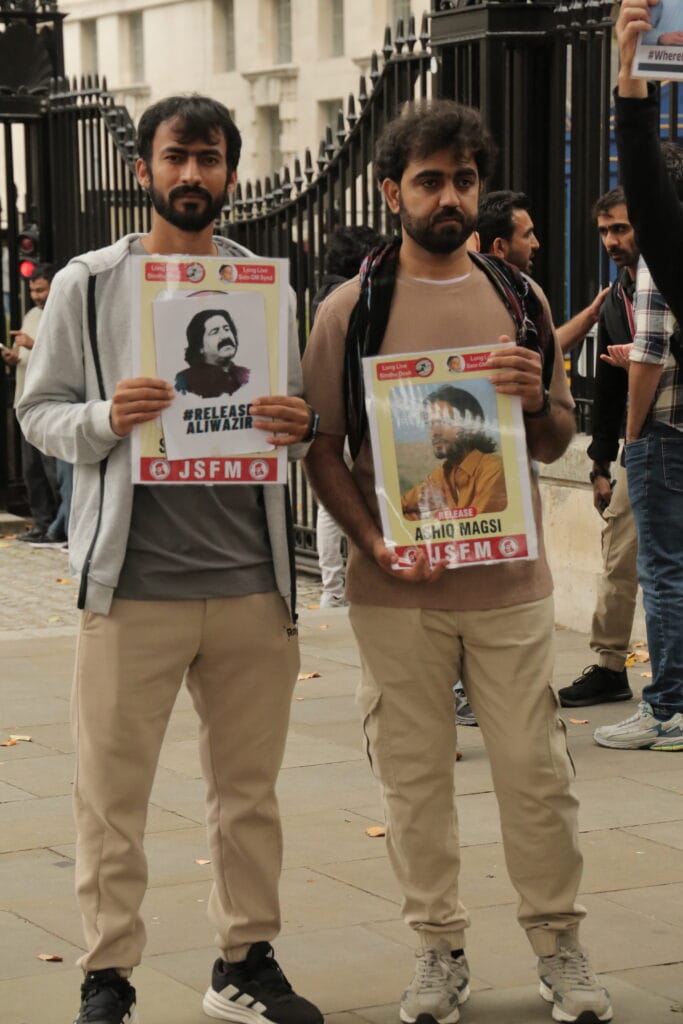 Activists from Sindh, Balochistan, Pashtoon regions and POJK gathered outside 10 Downing Street to mark the International Day of the Victims of Enforced Disappearances, London, 30 August 2025.