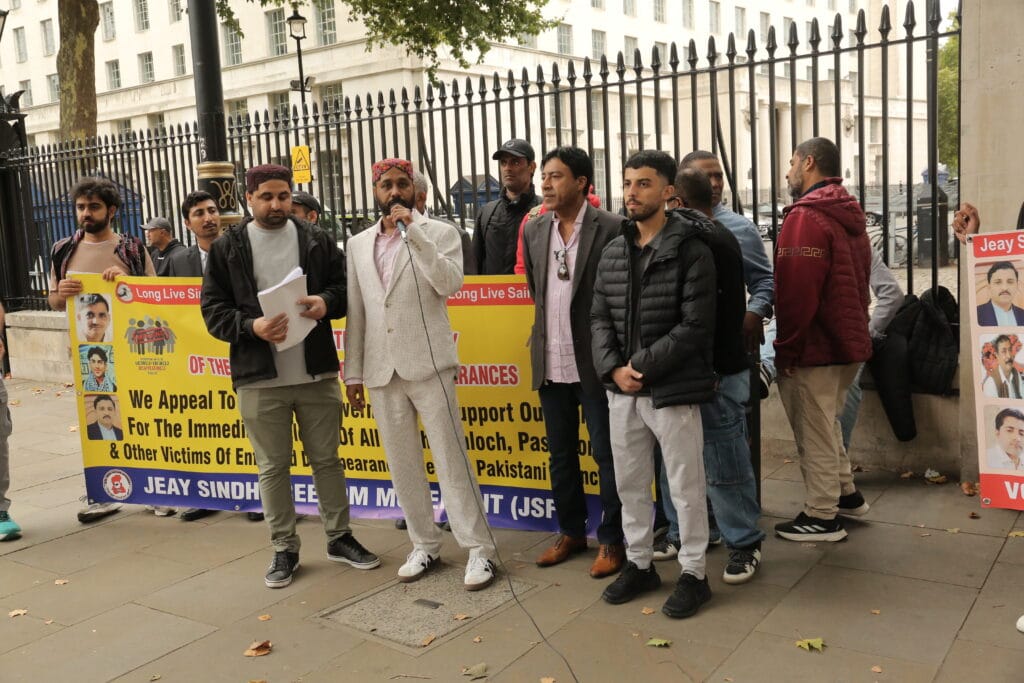 Activists from Sindh, Balochistan, Pashtoon regions and POJK gathered outside 10 Downing Street to mark the International Day of the Victims of Enforced Disappearances, London, 30 August 2025.