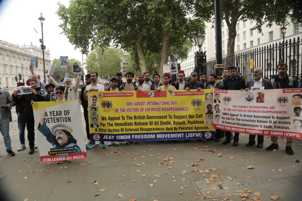 Activists from Sindh, Balochistan, Pashtoon regions and POJK gathered outside 10 Downing Street to mark the International Day of the Victims of Enforced Disappearances, London, 30 August 2025.