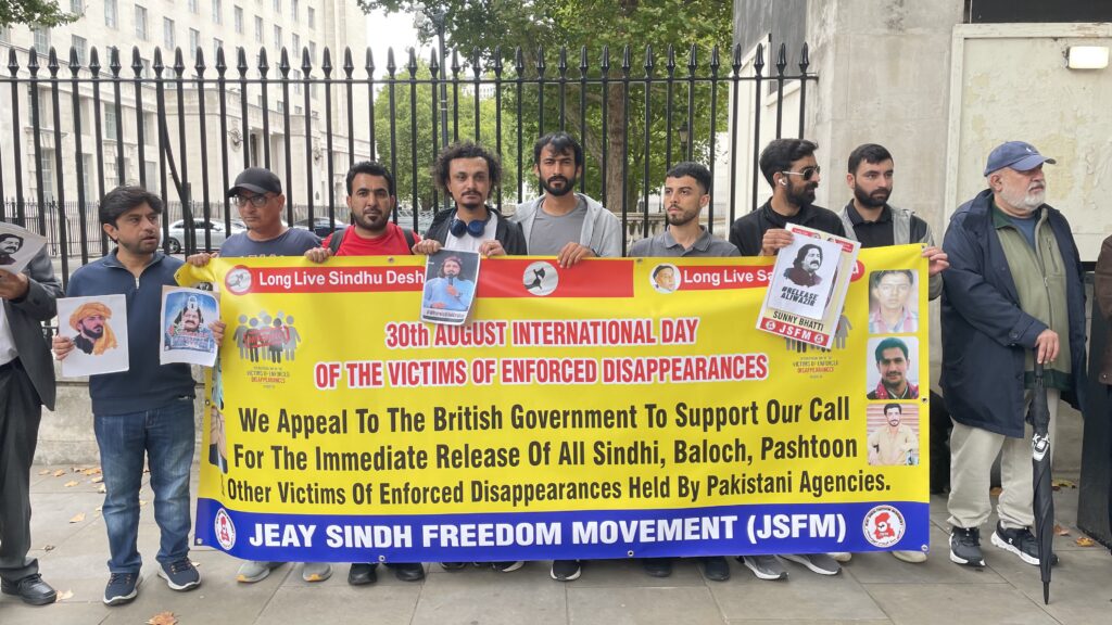 Activists from Sindh Balochistan Pashtoon regions and POJK gathered outside 10 Downing Street to mark the International Day of the Victims of Enforced Disappearances London 30 August 2025 2429