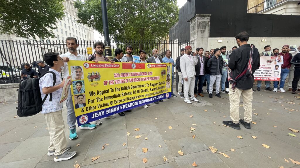 Activists from Sindh Balochistan Pashtoon regions and POJK gathered outside 10 Downing Street to mark the International Day of the Victims of Enforced Disappearances London 30 August 2025 2431
