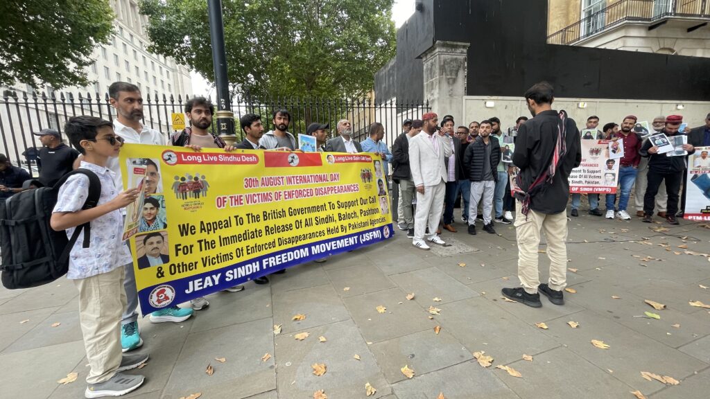 Activists from Sindh Balochistan Pashtoon regions and POJK gathered outside 10 Downing Street to mark the International Day of the Victims of Enforced Disappearances London 30 August 2025 2432