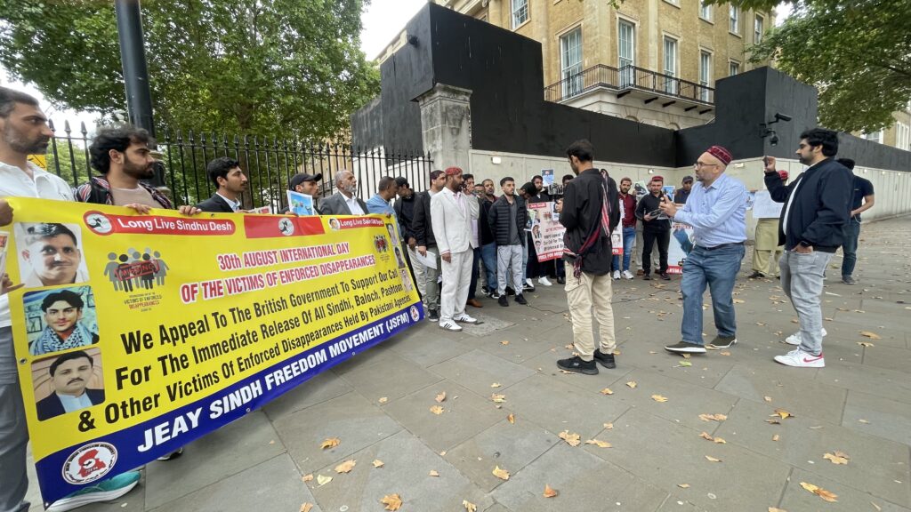 Activists from Sindh Balochistan Pashtoon regions and POJK gathered outside 10 Downing Street to mark the International Day of the Victims of Enforced Disappearances London 30 August 2025 2433