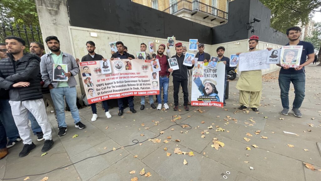 Activists from Sindh Balochistan Pashtoon regions and POJK gathered outside 10 Downing Street to mark the International Day of the Victims of Enforced Disappearances London 30 August 2025 2435
