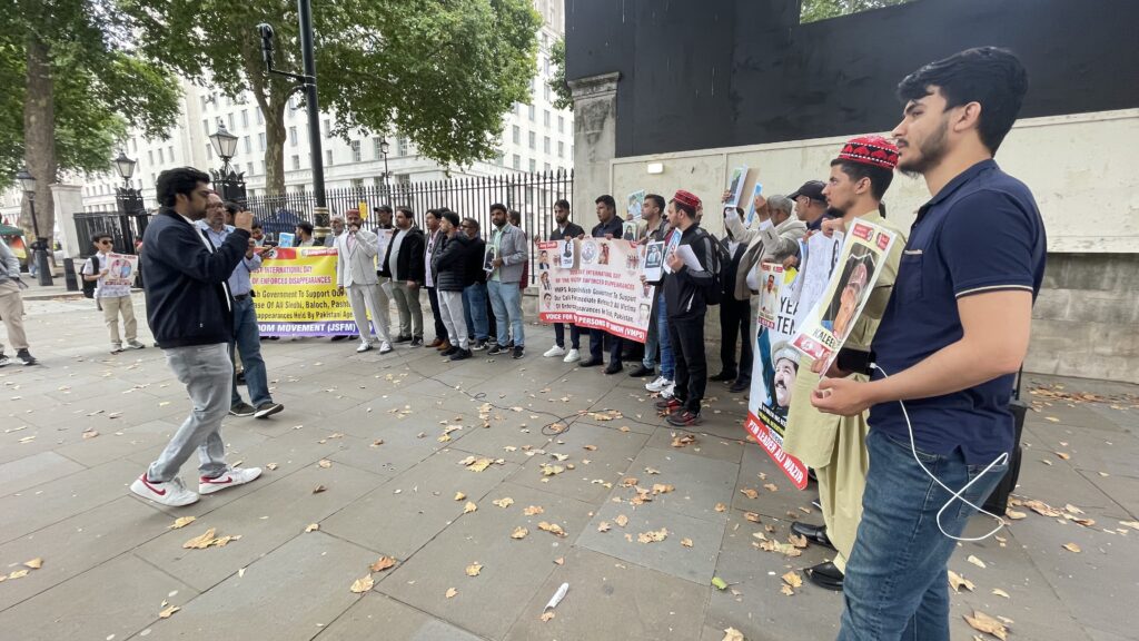 Activists from Sindh Balochistan Pashtoon regions and POJK gathered outside 10 Downing Street to mark the International Day of the Victims of Enforced Disappearances London 30 August 2025 2436