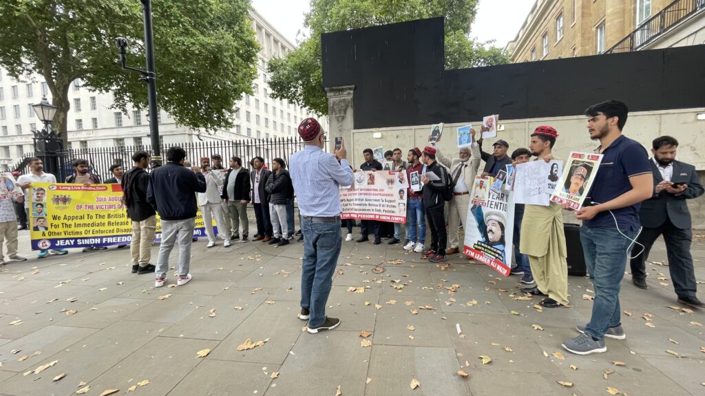 Activists from Sindh Balochistan Pashtoon regions and POJK gathered outside 10 Downing Street to mark the International Day of the Victims of Enforced Disappearances London 30 August 2025 2438