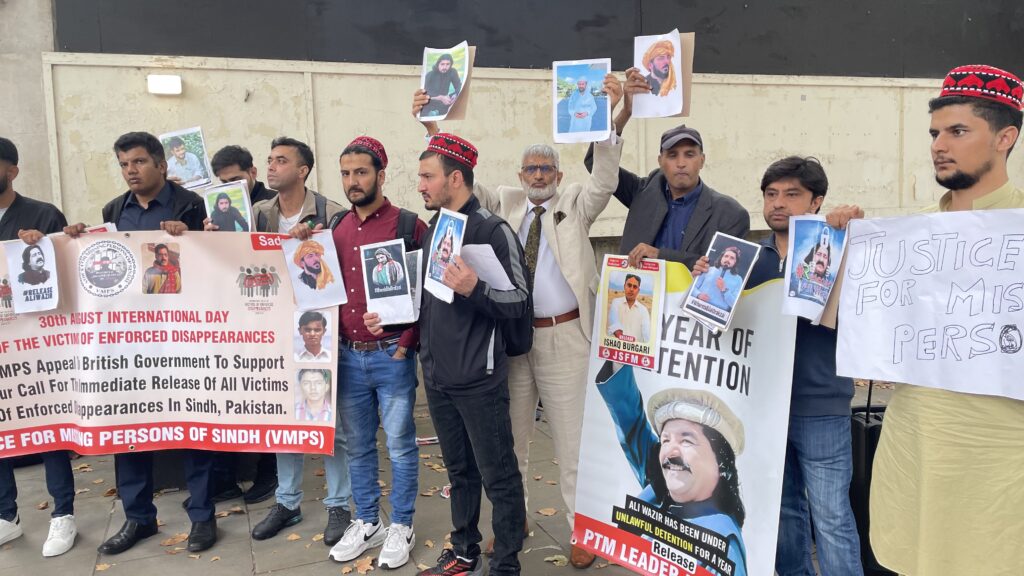 Activists from Sindh Balochistan Pashtoon regions and POJK gathered outside 10 Downing Street to mark the International Day of the Victims of Enforced Disappearances London 30 August 2025 2440