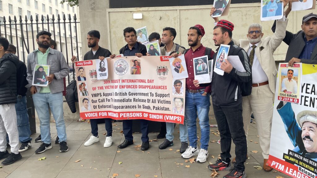 Activists from Sindh Balochistan Pashtoon regions and POJK gathered outside 10 Downing Street to mark the International Day of the Victims of Enforced Disappearances London 30 August 2025 2441