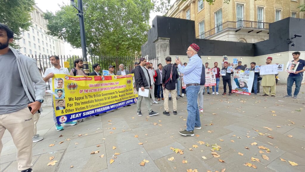 Activists from Sindh Balochistan Pashtoon regions and POJK gathered outside 10 Downing Street to mark the International Day of the Victims of Enforced Disappearances London 30 August 2025 2445