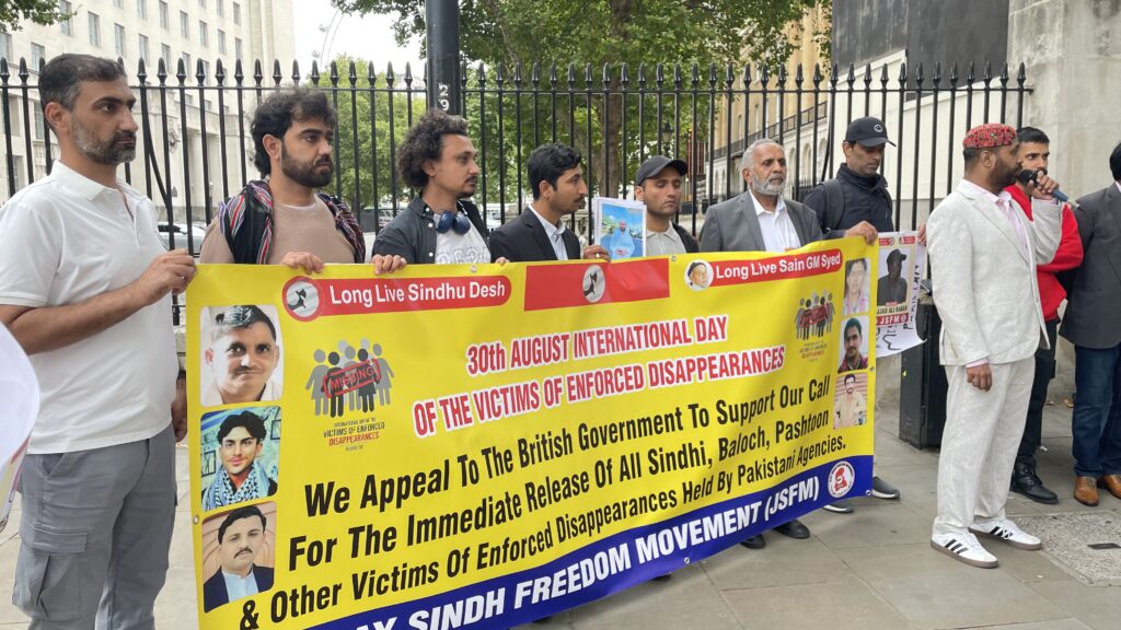 Activists from Sindh Balochistan Pashtoon regions and POJK gathered outside 10 Downing Street to mark the International Day of the Victims of Enforced Disappearances London 30 August 2025 2448