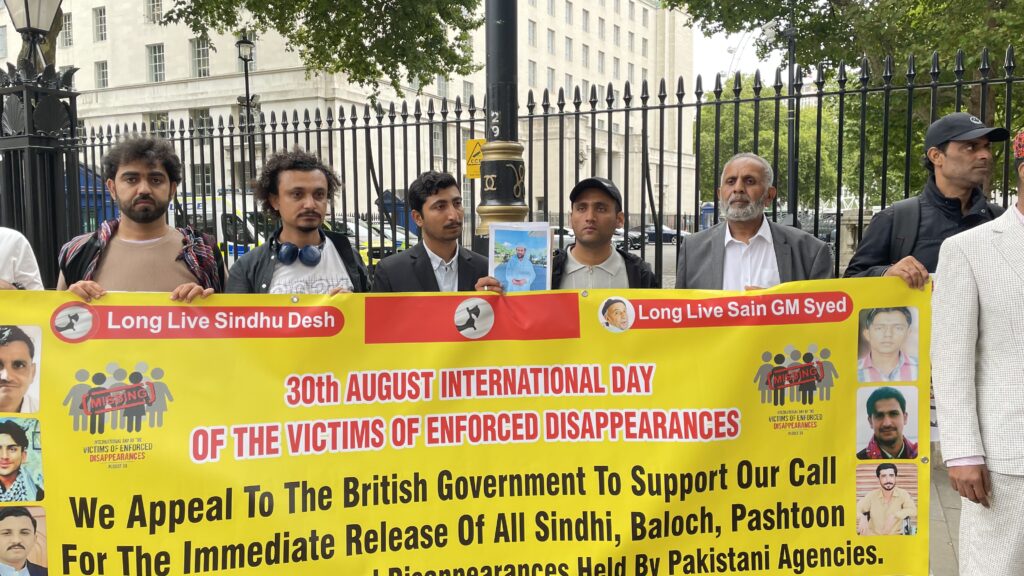 Activists from Sindh Balochistan Pashtoon regions and POJK gathered outside 10 Downing Street to mark the International Day of the Victims of Enforced Disappearances London 30 August 2025 2450