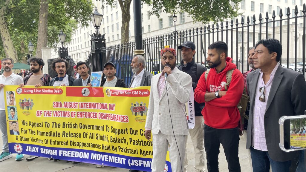Activists from Sindh Balochistan Pashtoon regions and POJK gathered outside 10 Downing Street to mark the International Day of the Victims of Enforced Disappearances London 30 August 2025 2454
