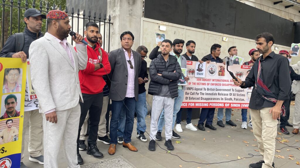 Activists from Sindh Balochistan Pashtoon regions and POJK gathered outside 10 Downing Street to mark the International Day of the Victims of Enforced Disappearances London 30 August 2025 2457