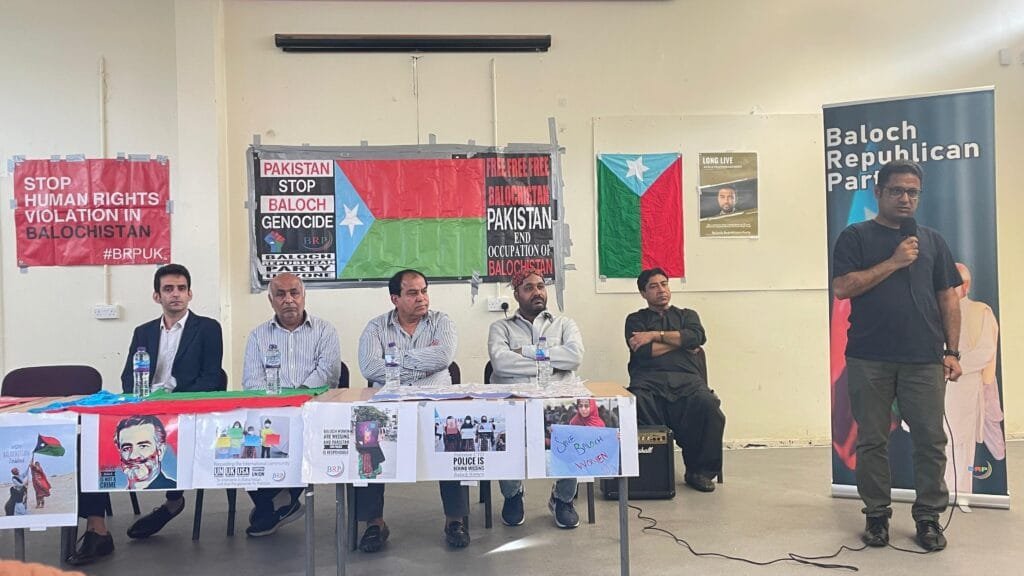 Dr Khurshaid Baloch of BHRC and BASC at the London event commemorating Nawab Akbar Khan Bugti’s anniversary.