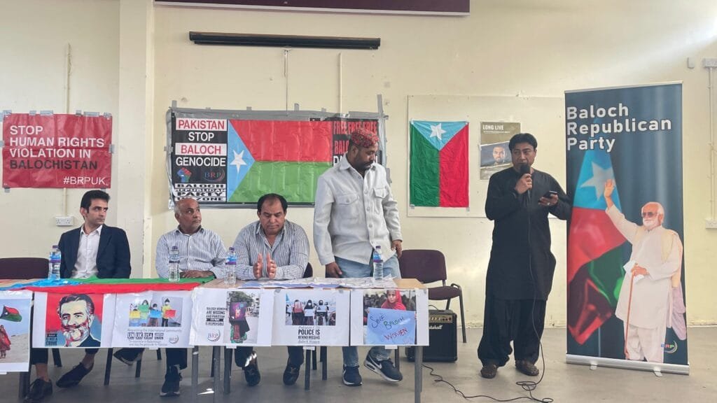 Muhammad Mansoor, President of the Baloch Republican Party in London, UK, at a remembrance and political event.