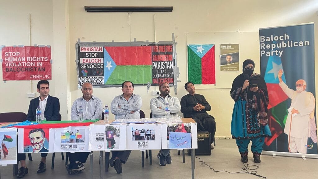 Sadaf Baloch, BRP UK Zone General Secretary, at the London event commemorating Nawab Akbar Khan Bugti.