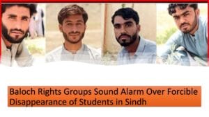 Portrait of four missing Baloch students — Imran, Aftab, Mehrullah, and Shoaib — allegedly disappeared from Sindh Agriculture University, Tando Jam.