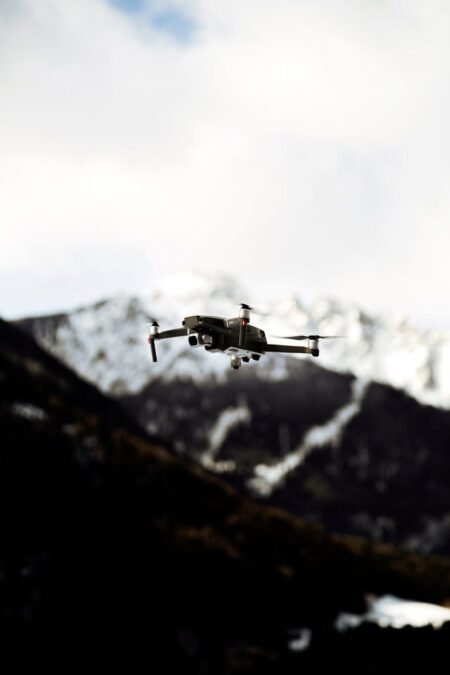 drone flying in mountains