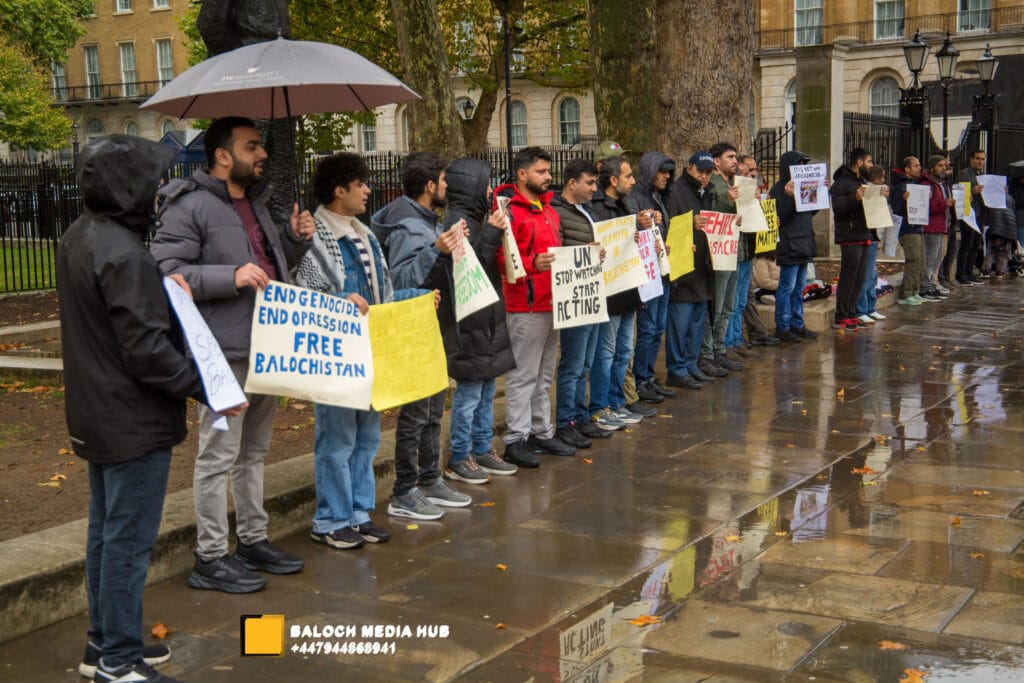 Baloch protest outside 10 Downing Street, London on 19 October 2025, demanding international action against Pakistan’s military operations in Zehri, Balochistan. Activists, including Aomar Karim, called for unity and an end to UK aid supporting human rights violations.