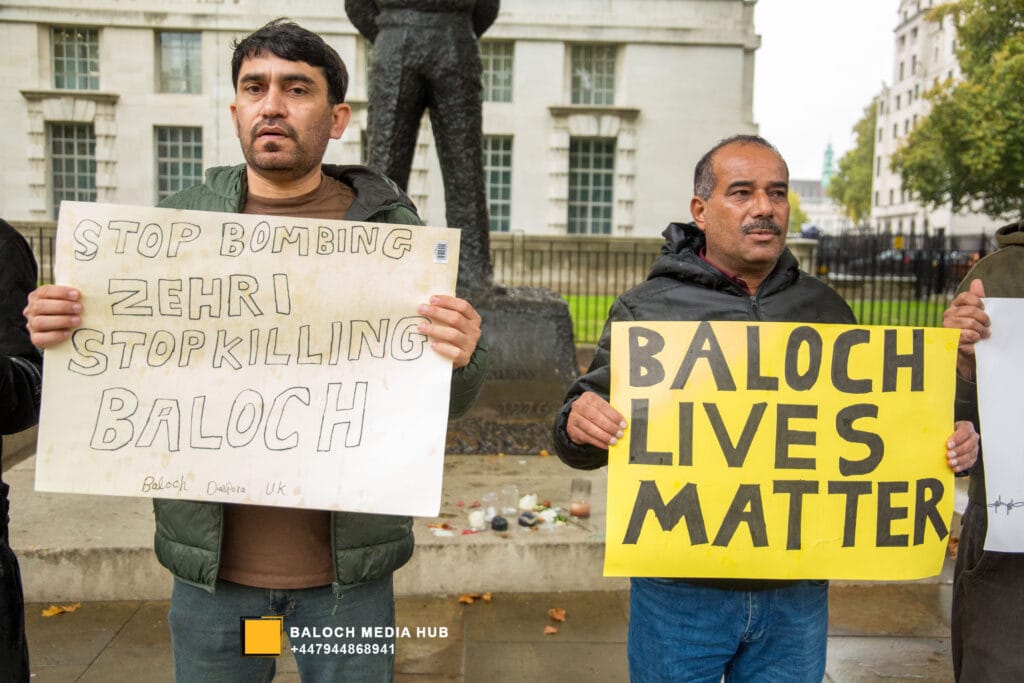 Baloch protest outside 10 Downing Street, London on 19 October 2025, demanding international action against Pakistan’s military operations in Zehri, Balochistan. Activists, including Aomar Karim, called for unity and an end to UK aid supporting human rights violations.