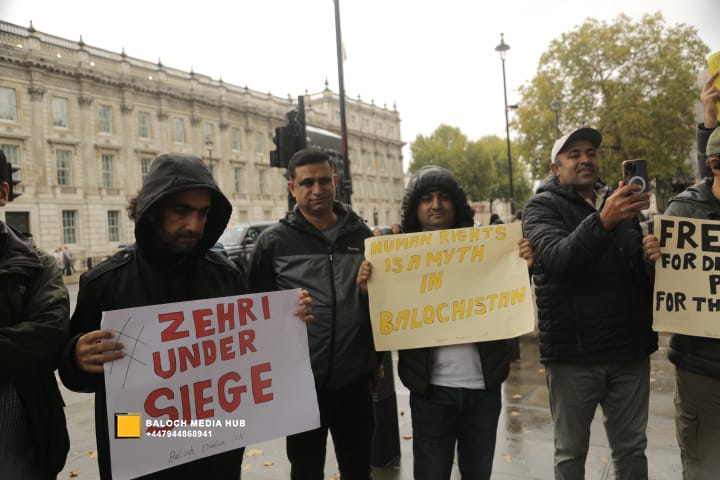 Baloch protest outside 10 Downing Street, London on 19 October 2025, demanding international action against Pakistan’s military operations in Zehri, Balochistan. Activists, including Aomar Karim, called for unity and an end to UK aid supporting human rights violations.