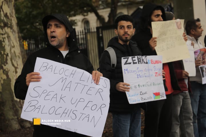 faiz Baloch FBM london - Baloch protest outside 10 Downing Street, London on 19 October 2025, demanding international action against Pakistan’s military operations in Zehri, Balochistan. Activists, including Aomar Karim, called for unity and an end to UK aid supporting human rights violations.