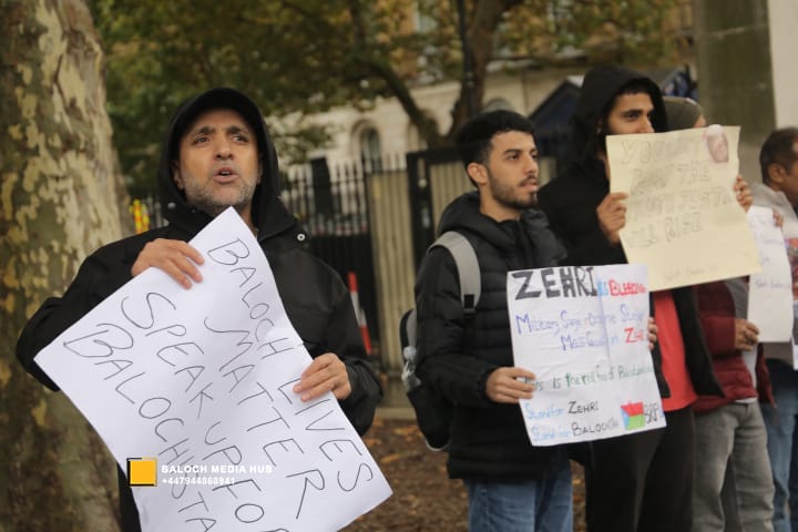Faiz Baloch - Baloch protest outside 10 Downing Street, London on 19 October 2025, demanding international action against Pakistan’s military operations in Zehri, Balochistan. Activists, including Aomar Karim, called for unity and an end to UK aid supporting human rights violations.