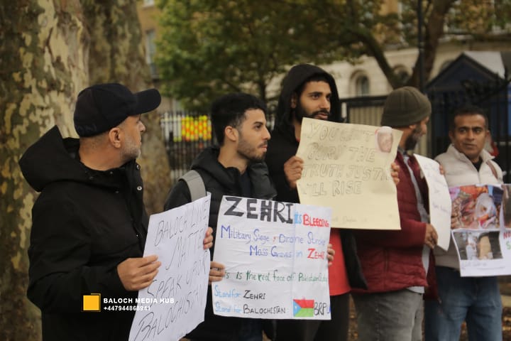 Faiz Baloch - Baloch protest outside 10 Downing Street, London on 19 October 2025, demanding international action against Pakistan’s military operations in Zehri, Balochistan. Activists, including Aomar Karim, called for unity and an end to UK aid supporting human rights violations.