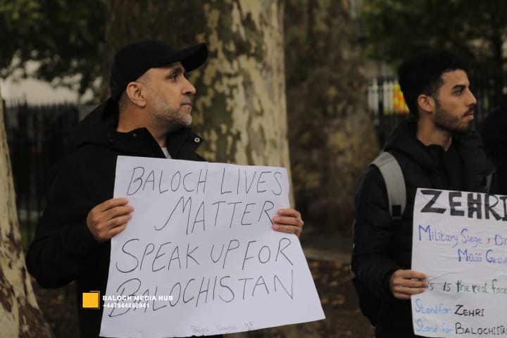 Faiz Baloch - Baloch protest outside 10 Downing Street, London on 19 October 2025, demanding international action against Pakistan’s military operations in Zehri, Balochistan. Activists, including Aomar Karim, called for unity and an end to UK aid supporting human rights violations.