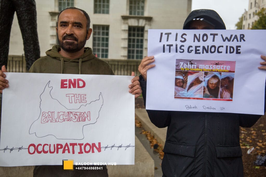 Baloch protest outside 10 Downing Street, London on 19 October 2025, demanding international action against Pakistan’s military operations in Zehri, Balochistan. Activists, including Aomar Karim, called for unity and an end to UK aid supporting human rights violations.