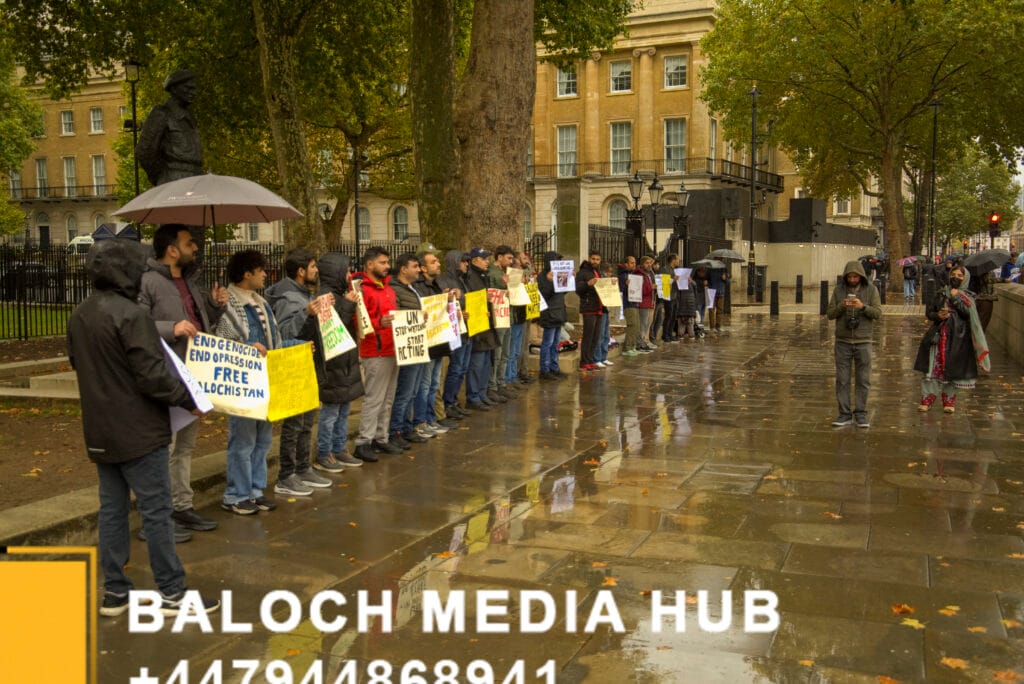 Baloch protest outside 10 Downing Street, London on 19 October 2025, demanding international action against Pakistan’s military operations in Zehri, Balochistan. Activists, including Aomar Karim, called for unity and an end to UK aid supporting human rights violations.