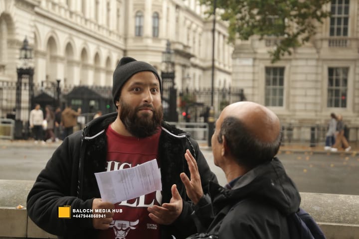 Baloch protest outside 10 Downing Street, London on 19 October 2025, demanding international action against Pakistan’s military operations in Zehri, Balochistan. Activists, including Aomar Karim, called for unity and an end to UK aid supporting human rights violations.