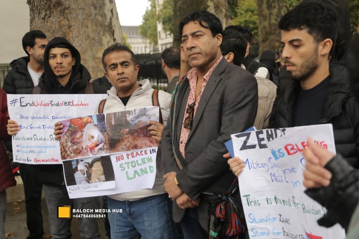 Baloch protest outside 10 Downing Street, London on 19 October 2025, demanding international action against Pakistan’s military operations in Zehri, Balochistan. Activists, including Aomar Karim, called for unity and an end to UK aid supporting human rights violations.