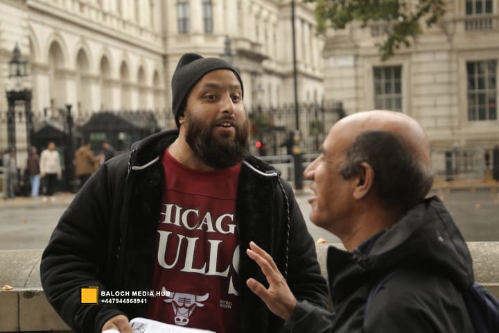Baloch protest outside 10 Downing Street, London on 19 October 2025, demanding international action against Pakistan’s military operations in Zehri, Balochistan. Activists, including Aomar Karim, called for unity and an end to UK aid supporting human rights violations.