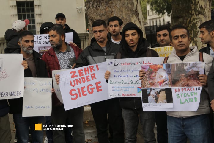 Baloch protest outside 10 Downing Street, London on 19 October 2025, demanding international action against Pakistan’s military operations in Zehri, Balochistan. Activists, including Aomar Karim, called for unity and an end to UK aid supporting human rights violations.