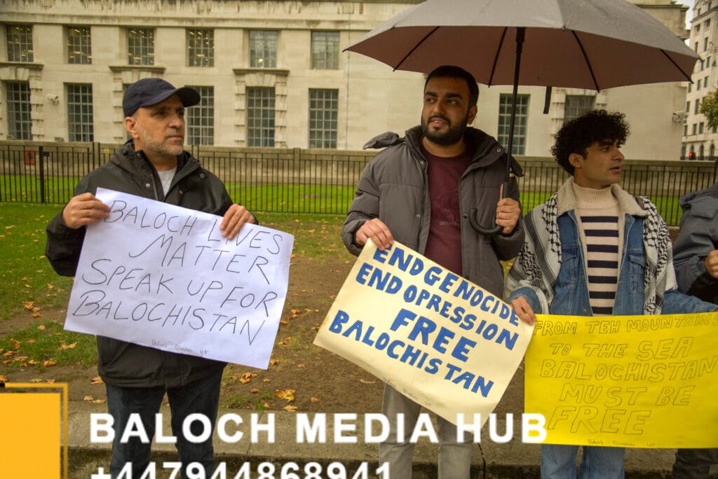 Baloch protest outside 10 Downing Street, London on 19 October 2025, demanding international action against Pakistan’s military operations in Zehri, Balochistan. Activists, including Aomar Karim, called for unity and an end to UK aid supporting human rights violations.