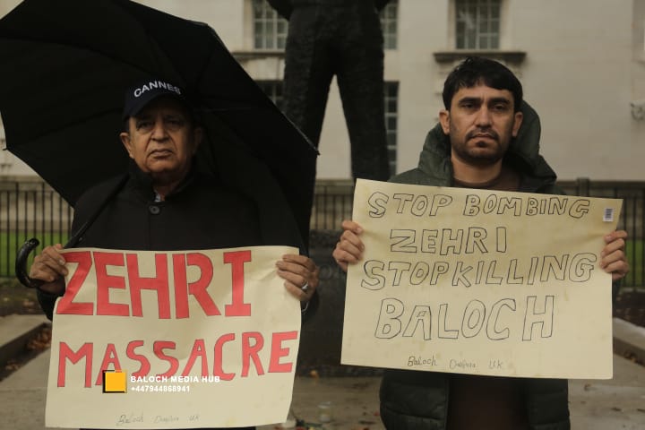 Baloch protest outside 10 Downing Street, London on 19 October 2025, demanding international action against Pakistan’s military operations in Zehri, Balochistan. Activists, including Aomar Karim, called for unity and an end to UK aid supporting human rights violations.